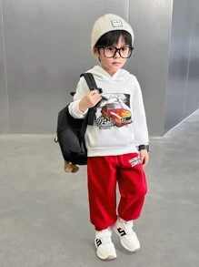 SHEIN 2 件套年轻男孩汽车印花羊毛连帽运动衫和裤子套装，秋冬 - 紅白色 - 查看 8