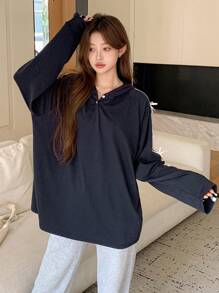 DAZY 女式秋季长袖蝴蝶结条纹装饰半扣连帽 T 恤，秋季女装 - 藏蓝色 - 查看 2