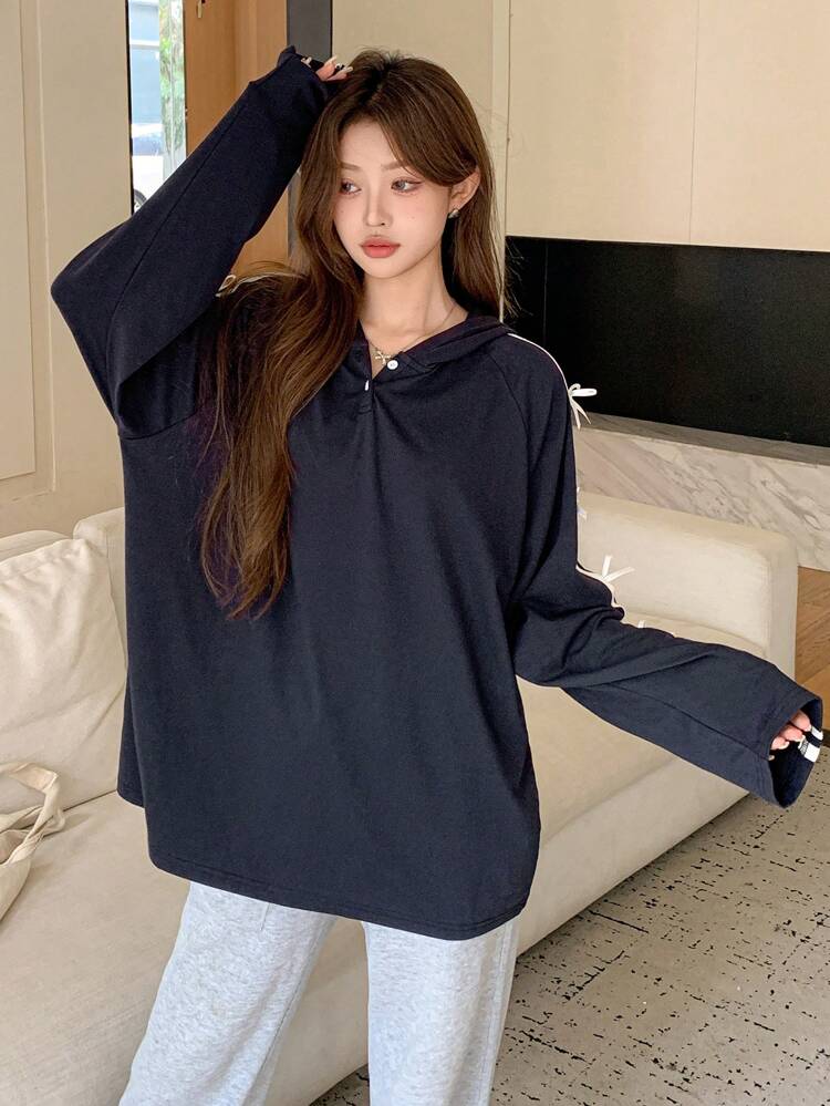 Women Autumn Long Sleeve Bowknot Striped Trimmed Half-Button-Up Hoodie T-Shirt,Fall Women Clothes