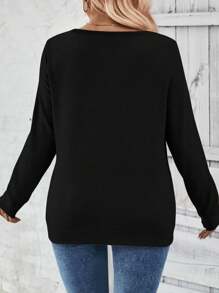 INAWLY Plus Size Women's Solid V-Neck Long Sleeve Button Simple T-Shirt, Casual Daily Wear Fall Cloth For Women - Black - View 2