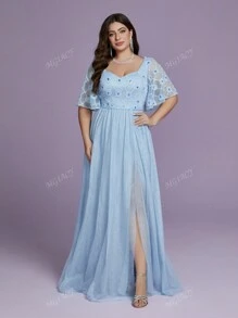 Plus Size Mgiacy Lace Mesh Sleeve Beaded Strapless Front Slit High-End Evening Dress,Party Dress,Prom Dress