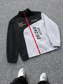 Manfinity EMRG Chaqueta con cremallera, de manga larga, con estampado de letras y bloques de color para hombre