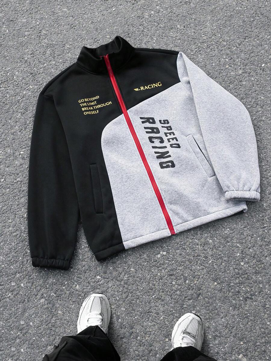 Manfinity EMRG Chaqueta con cremallera, de manga larga, con estampado de letras y bloques de color para hombre