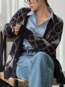 DAZY 1pc Women's Casual Plaid Loose Cardigan, Long Sleeve, Autumn/Winter