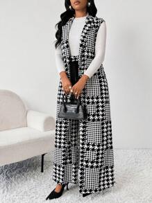 SHEIN Lady Houndstooth Pattern Long Jacket And Wide-Leg Pants Plus Size Women's Suit Set - Multicolor - View 3