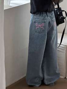 Dazy Kids Tween Girl Button Bow Embroidery Pocket Zipper Straight Leg Denim Jeans,Back To School Clothes - Light Wash - View 3