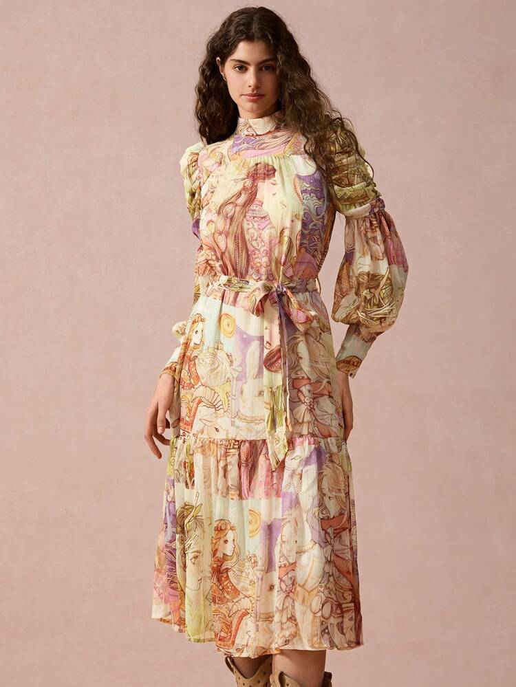 Women Rabbit Print Stand Collar Puff Long Sleeve Mid-Length Elegant Vacation Dress, Fall Winter Women's Dress,Christmas Dress,New Years Clothes