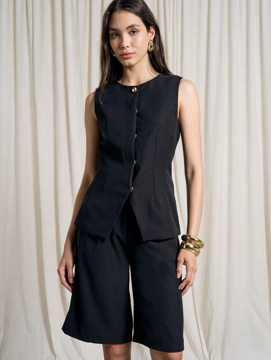 AiiRZ Sleeveless Button Front Vest With Knee Length Bermuda Short Two-Piece Co-Ord Set - Black - View 1