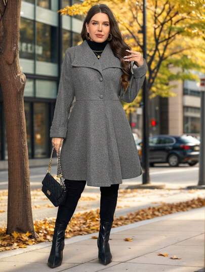 SHEIN Privé Plus Size Women's Autumn And Winter Fashion Show Dark Gray A-Line Asymmetrical Winter Woolen Coat Suitable For Simple Travel And Elegant Dating