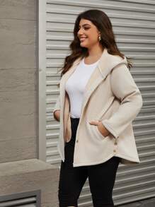 Mulvari Plus Size Casual Front Button Hooded Coat, Autumn Fall Clothes - Beige - View 6
