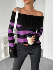 INAWLY Damen Gestreifter Crop Pullover mit Off-Shoulder Ausschnitt, Langarm Strickpullover für Herbst/Winter - Schwarz - Übersicht 5