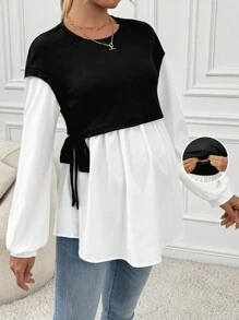 SHEIN 1 chiếc áo thun cho con bú cổ tròn tay dài màu trơn đơn giản buộc dây, dành cho bà bầu - Đen và trắng - Xem 1