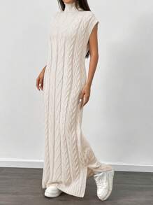 Chiquease Women High Neck Sleeveless Casual Long Knitted Sweater Dress
