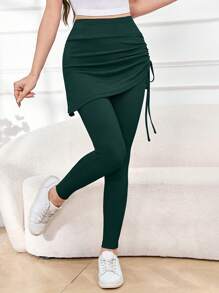 Mulvari Women's Plain Color Side Drawstring Insert Skirt, Casual 2 In 1 Leggings - Dark Green - View 7