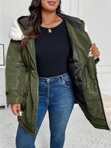 SHEIN LUNE Plus Size  Fur Collar Hooded Insulated Parka - Army Green - View 4