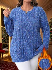 SHEIN LUNE Women's Blue Dotted Knit Oversized Crew Neck Sweater, Casual Thick Pullover Suitable For Halloween, New Year, Valentine's Day, Thanksgiving, Christmas, Easter, National Day, Gala, New Year's Eve