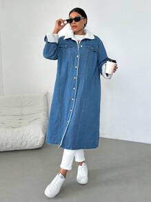 SHEIN Essnce Plus Size Denim Jacket, Casual Mid-Length Long Sleeve, Blue