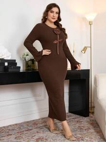 Modelyn Plus Size Elegant Solid Color Ribbed 3D Floral Decor Flare Sleeve Fitted Midi Dress, Spring/Autumn Long Evening Dresses - Coffee Brown - View 3