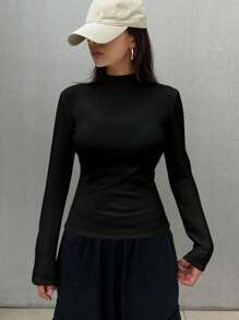 DAZY 女士紧身保暖星形图案长袖T恤，秋冬季保暖上衣 - 黑色 - 查看 3