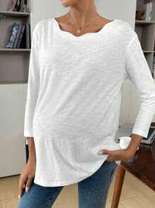 SHEIN Maternity Women's White Round Neck Loose Long-Sleeved Casual T-Shirt,Curved Wavy Neckline,Basic Autumn Everyday Smart Casual Drop Shoulder Fall Tops - White - View 1
