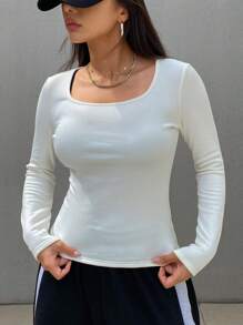 DAZY 女士纯色圆领休闲长袖T恤，带保暖内衬，适合秋冬季穿着 - 米色 - 查看 6