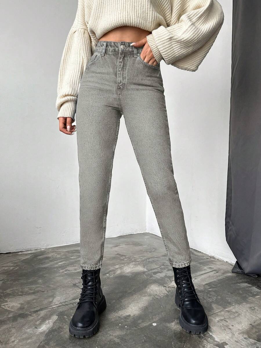 EURMUSE 100%Cotton Slim Fit Denim Jeans With Slant Pockets - Light Grey - View 1