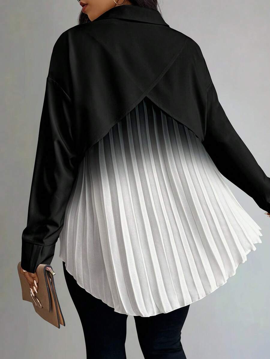 SHEIN Plus Size Women Ombre Color Pleated Back Relaxed Long Sleeve Shirt, Spring/Autumn - Black - View 1