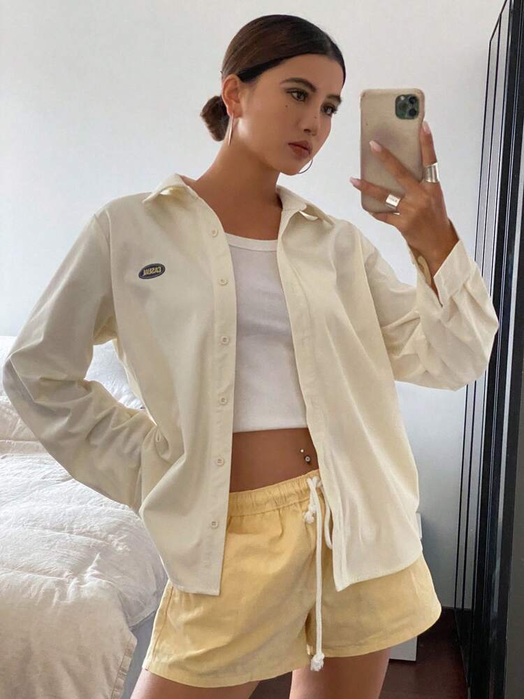 Letter Embroidered Loose Long Sleeve Turn Down Collar Women Shirt,Fall Clothes