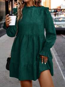 SHEIN LUNE Plus Size Solid Color Puff Sleeve Casual Dress For Autumn