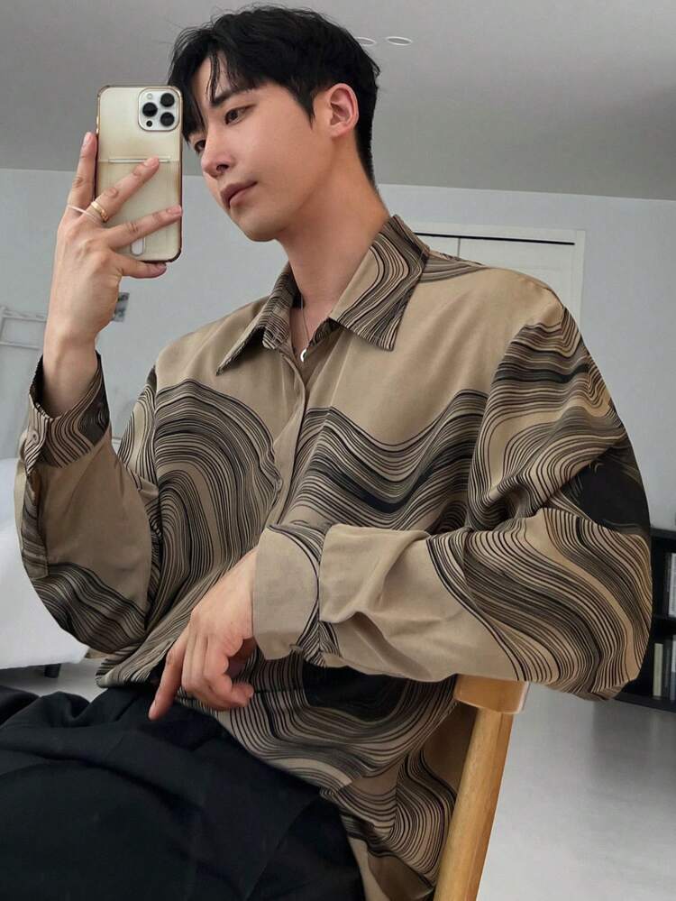 Men All-Over Print Front Button Casual Shirt, Long Sleeve, Autumn, Fall