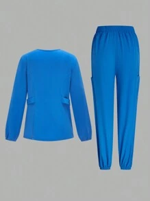 TaskEZ 纯色前扣开合长袖口袋设计简约上衣和裤子休闲医疗保健手术服套装