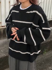 FRIFUL 女士休闲拼色条纹落肩宽松针织毛衣，秋冬，秋季女装 - 黑色 - 查看 5