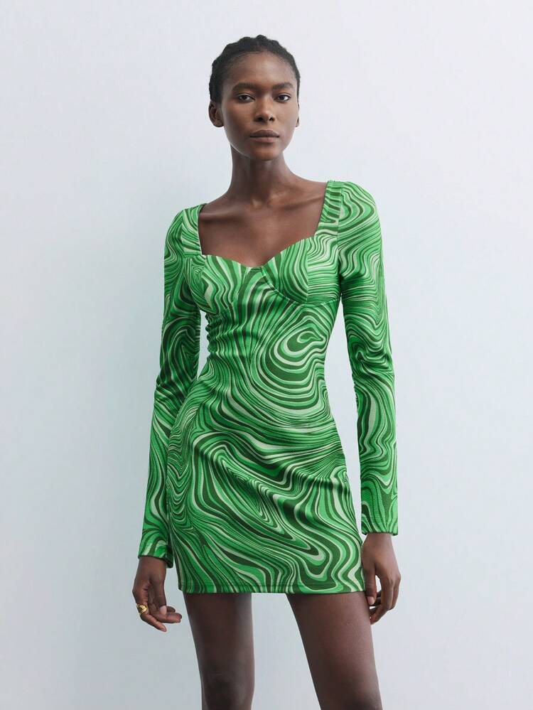 SHEIN Maija Women's Spring Marble Print Sweetheart Neck Long Sleeve Slim Fitting Short Dress