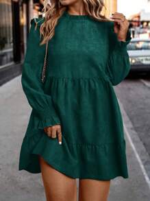 SHEIN LUNE Plus Size Solid Color Puff Sleeve Casual Dress For Autumn
