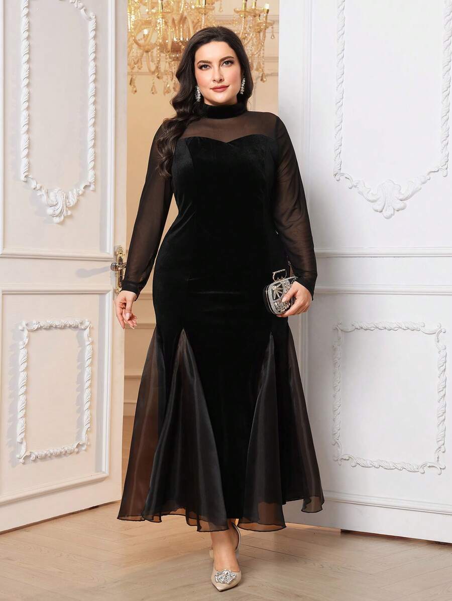 Modelyn Plus Size Women's Solid Color Stand Collar Mesh Long Sleeve Fishtail Hem Elegant Dress Maxi Women Outfit Long Evening Dresses
