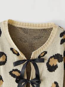 SHEIN MOD 豹纹针织开衫，正面带蝴蝶结，秋冬毛衣，毛衣，冬季女装，女士开衫，感恩节 - 彩色 - 查看 4