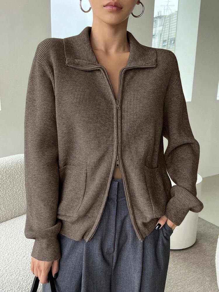 1pc Women Casual Vintage Solid Color Zipper Cardigans, Autumn,Fall Women Clothes Jacket