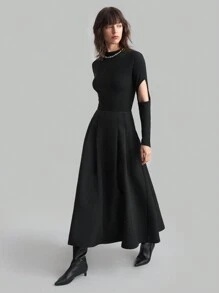 Ontre 女式 2025 新款黑色纯色简约百褶裙，休闲优雅高腰百褶长裙，老钱气息 - 黑色 - 查看 4