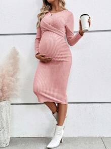 SHEIN Vestido de punto ajustado de unicolor para embarazadas, vestido de punto ajustado - Rosa - Ver 4