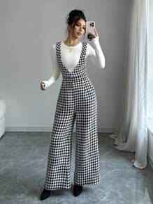Elenzga Women's Autumn/Winter Houndstooth Wide Leg Jumpsuit With Adjustable Straps And Longer Leg Length - Black and White - View 5