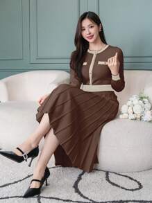 DAZY Vestido suéter largo minimalista con mangas largas, botones frontales y bolsillo falso, ropa de mujer para el otoño