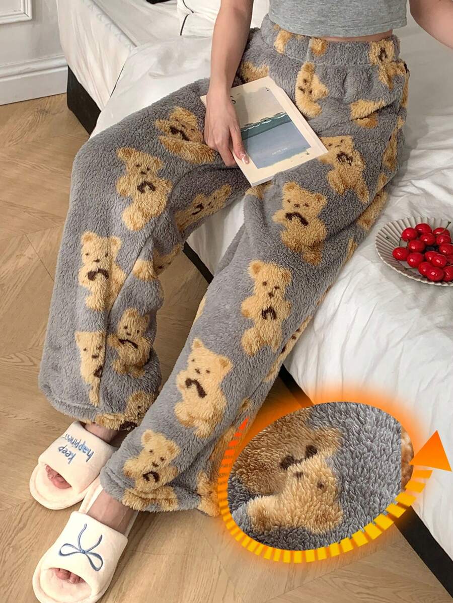 DAZY Pantalones de pijama rectos con estampado de oso de peluche