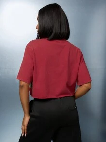 SUMWON WOMEN 复古风格 350 图案短款 T 恤夏季节日垃圾摇滚都市街头服饰超大棉质平纹针织 T 恤 - 紅色 - 查看 2