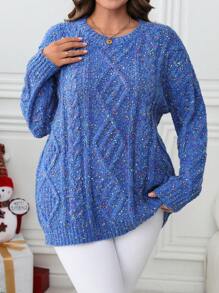 SHEIN LUNE Women's Blue Dotted Knit Oversized Crew Neck Sweater, Casual Thick Pullover Suitable For Halloween, New Year, Valentine's Day, Thanksgiving, Christmas, Easter, National Day, Gala, New Year's Eve