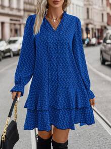 EMERY ROSE 1pc Women All-Over Print Minimalist Short Casual Dress With Long Sleeve, For Daily Wear