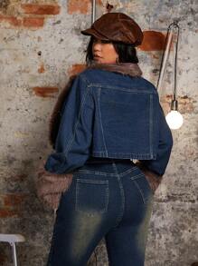 SHEIN ICON Plus Size Contrast Color Fuzzy Patchwork Cropped Christmas Thanksgiving Denim Jacket, Autumn - Blue - View 2
