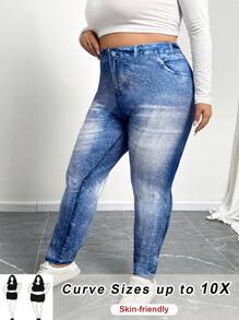 SHEIN CURVE+ Plus Size Summer Full Print Pattern Leggings - Blue and White - View 2