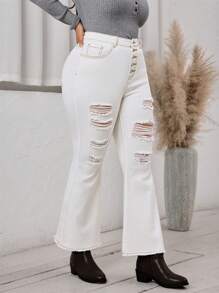 SHEIN LUNE Plus Size Women Denim Flared Jeans With Buttons, Pockets And Distressed Detail - White - View 5