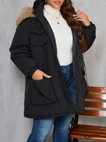 SHEIN LUNE 大码休闲拼布蓬松连帽拉链加厚棉服外套，适合冬季服装 - 黑色 - 查看 5