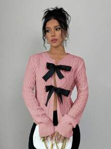 SHEIN Unity 女士休闲长袖蝴蝶结装饰开衫，秋冬 - 藕粉色 - 查看 3